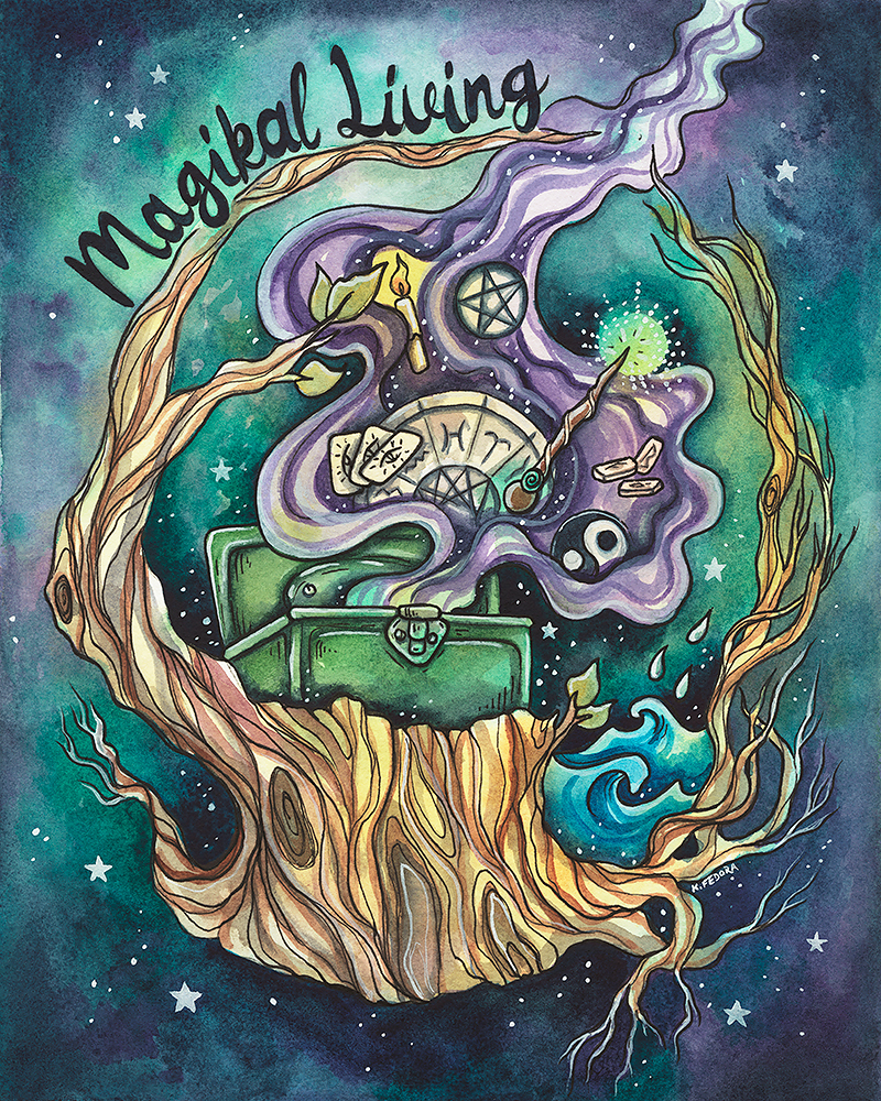 A old green toolbox with all the tools for a magical life coming out of it. Tarot cards, astrology symbols, candles, etc.